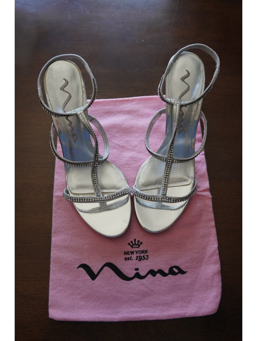 Nina Gelato Silver Rhinestone T-Strap High Heel Sandals 10M NWT